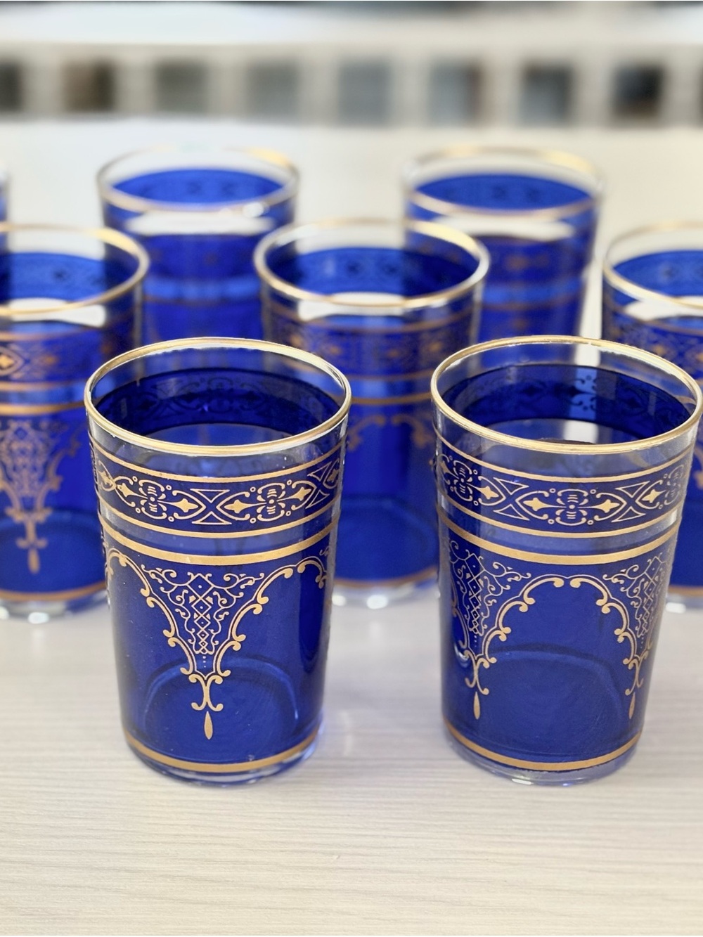 Moroccan Turkish Tea Glass cups Cobalt Blue embellished Gold Set of Nine glasses